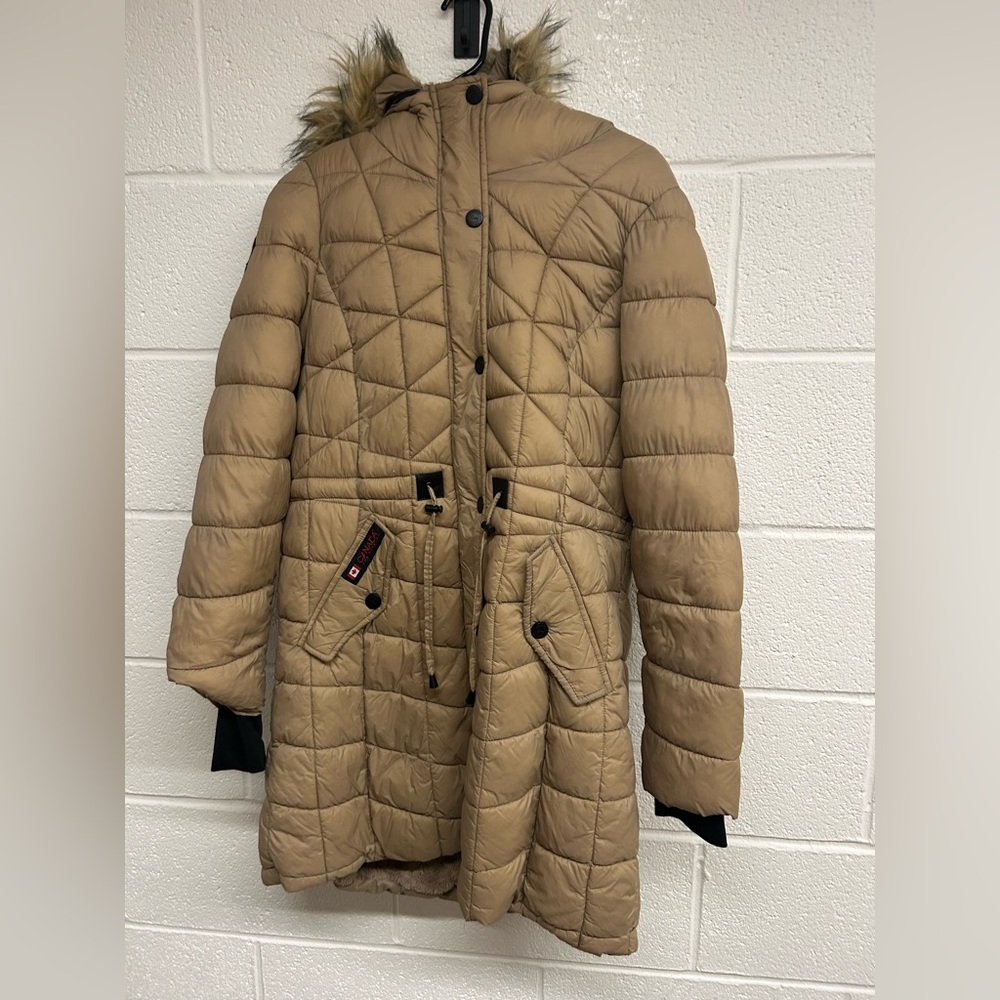 Canada Weather Gear Womens Tan Faux Fur Hooded Cold Weather Quilted Parka Coat